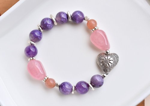 CaWaiiDaisy Handmade Jewelry 紫龍晶+馬島粉晶+橘月光石純銀愛心手鍊