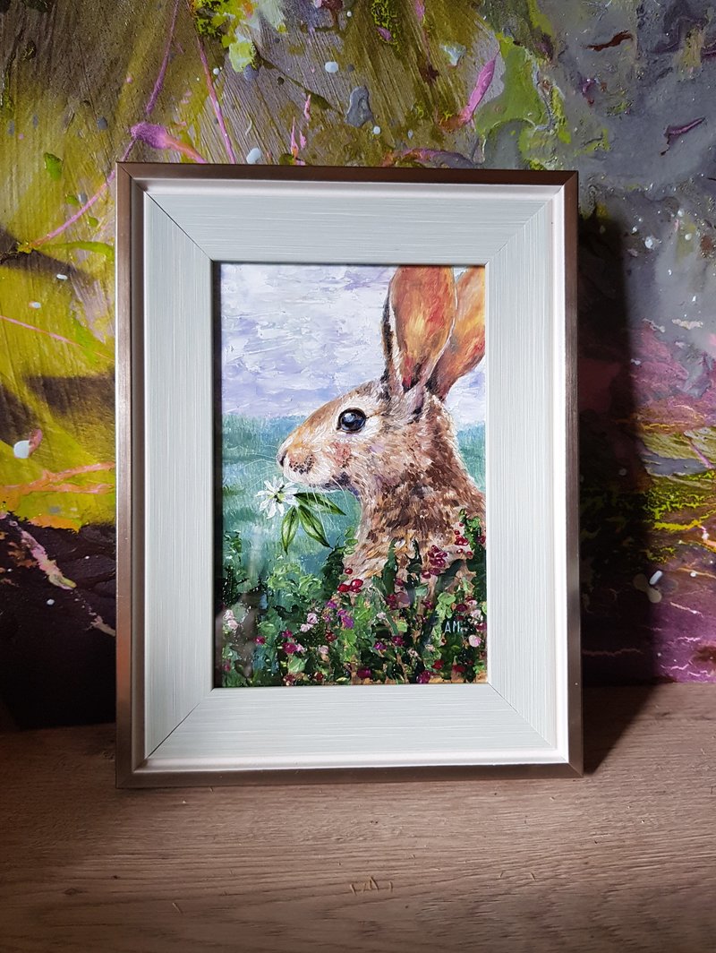 Small original cute animal bunny artwork hand painted oil painting framed - 壁貼/牆壁裝飾 - 其他材質 