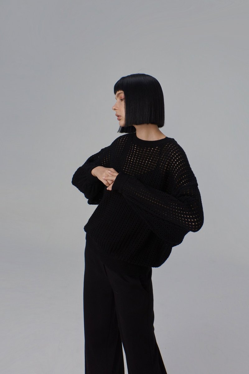 黑摟洞織紋寬毛衣 - 女裝上衣 - 羊毛 黑色