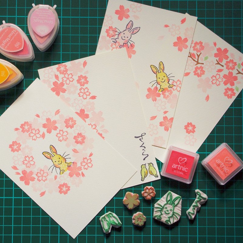 Japanese cherry blossom card/4 piece set Japanese style postcard card wish card greeting card rabbit - การ์ด/โปสการ์ด - กระดาษ สึชมพู