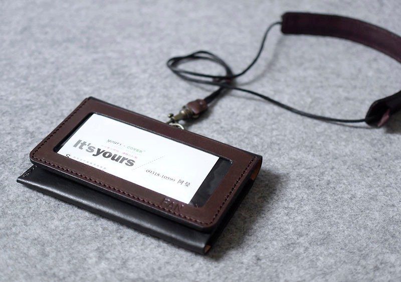 Horizontal Double ID Holder + Double Business Card Bag + Adjustable Neck Strap Dark Wood + Gray Blue - ที่ใส่บัตรคล้องคอ - หนังแท้ 
