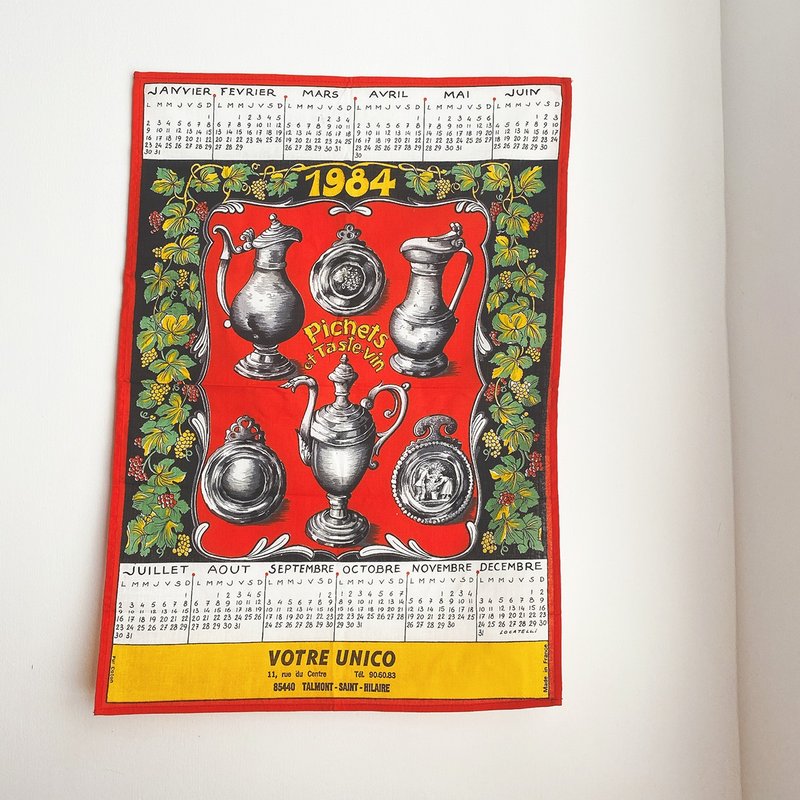 法國 1984年 老件 月曆 茶巾 / 掛布 (復古的裝酒罐子) - 海報/掛畫/掛布 - 棉．麻 紅色