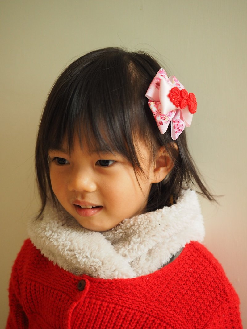新年賀年手作中式古典蝴蝶結髮夾/髮圈 - 嬰兒飾品 - 棉．麻 粉紅色
