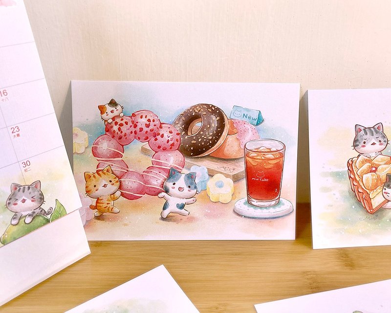 Secret Cat Dessert Time Watercolor Style Illustration Postcard (13 styles in total) - การ์ด/โปสการ์ด - กระดาษ หลากหลายสี