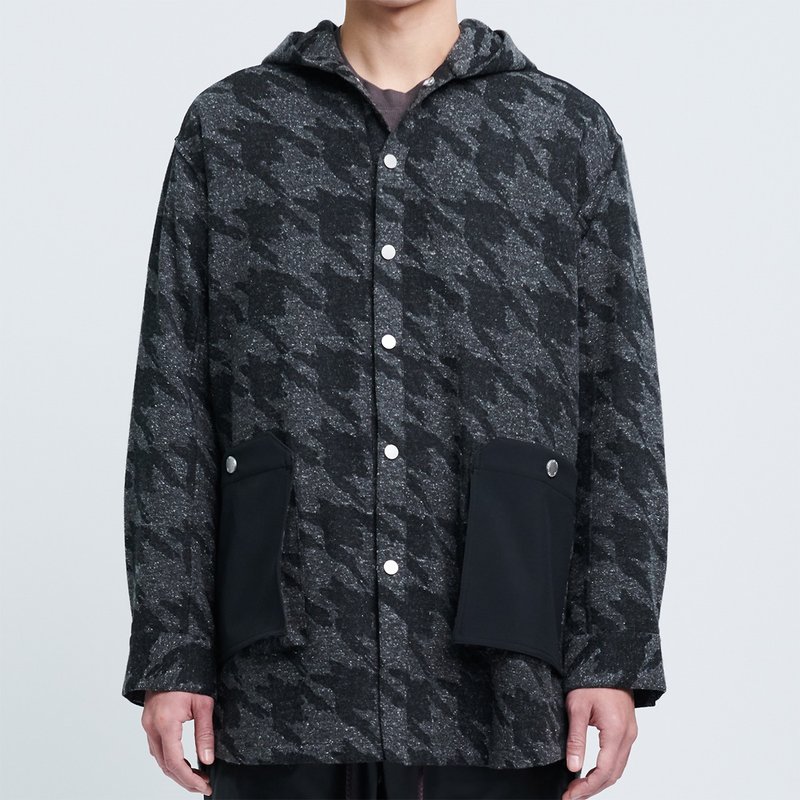 PARKA SHIRT abstract dogtooth flannel hooded shirt in grey black - เสื้อเชิ้ตผู้ชาย - ผ้าฝ้าย/ผ้าลินิน สีดำ