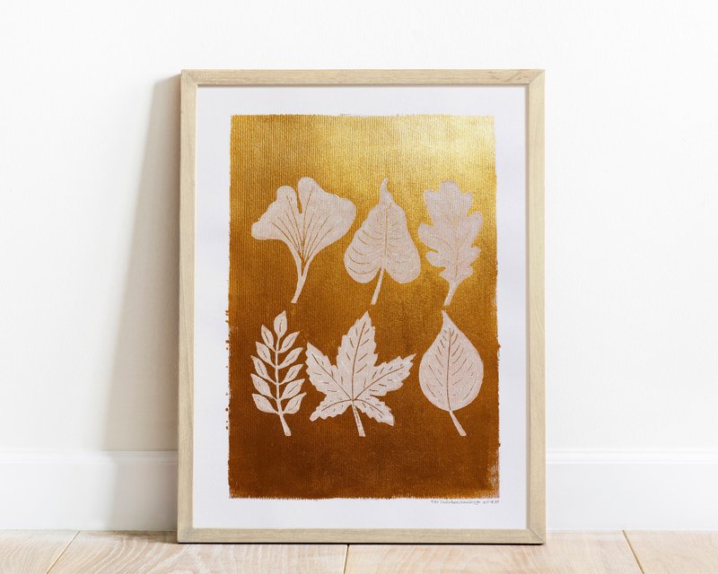Linocut print Gold and white fall leaves Original artwork Autumn wall art 12x16 - 海報/掛畫/掛布 - 紙 金色