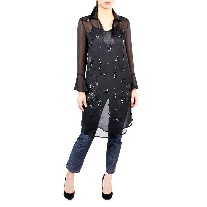 Refined sewed beads long blouse - Women's Tops - Other Materials Black