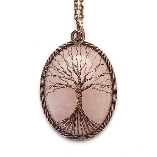 Good Luck Stones Rose Quartz Necklace Copper Tree Of Life Necklace Pendant Antistress Necklace