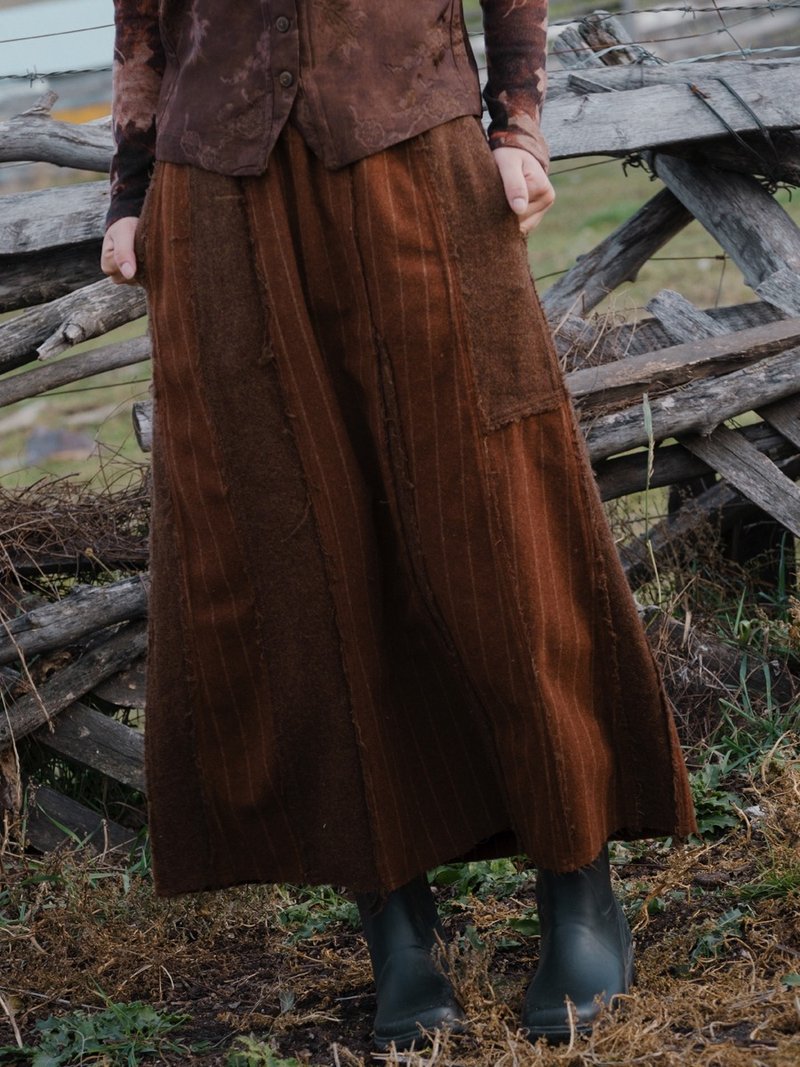 Brown and red retro wool elastic waist long skirt autumn and winter spliced ​​skirt - กระโปรง - ขนแกะ สีนำ้ตาล