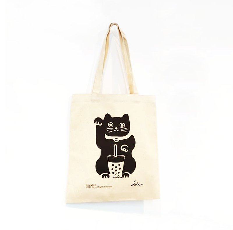 Lucky cat lucky cat Taiwan tote bag environmental protection bag hand tote bag bag - Messenger Bags & Sling Bags - Other Materials Black
