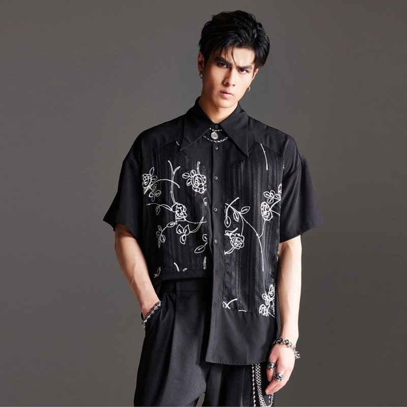 裁魂系列 男士拼接印花寬松暗黑長袖襯衫 - 男襯衫/休閒襯衫 - 其他材質 黑色