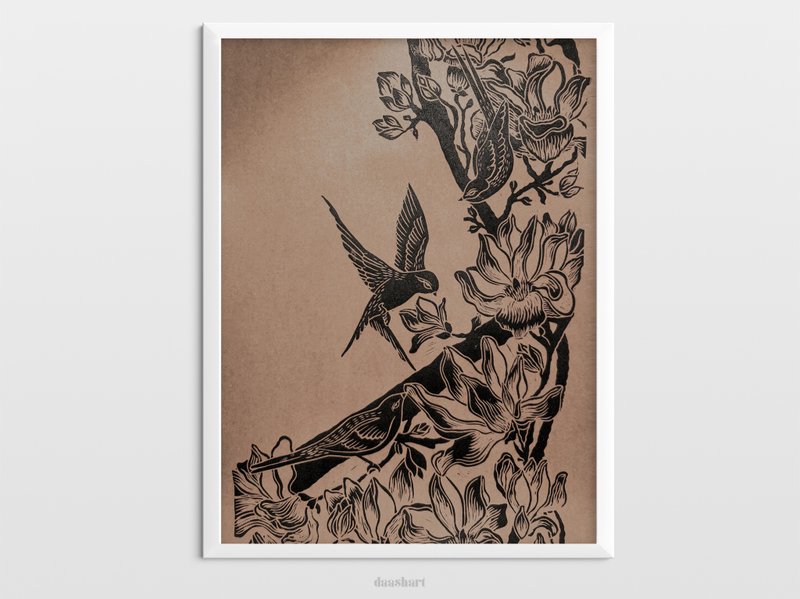 Linocut print Craft black botanical illustration Magnolia flowers and birds wall - 海報/掛畫/掛布 - 紙 黑色