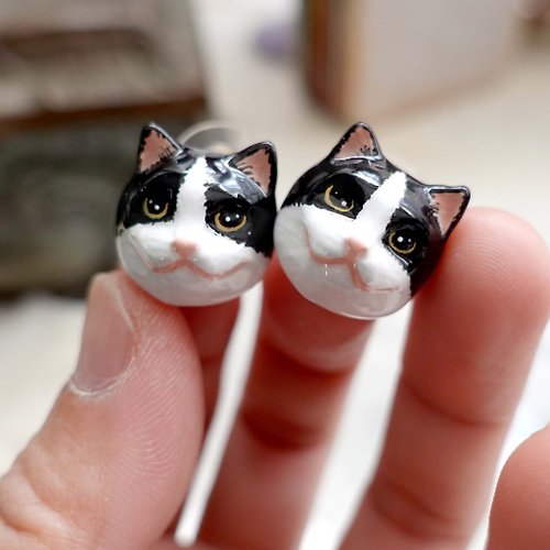 TIMBEE LO shop 黑白貓咪頭耳環 鍍9K真黃金 情侶寵物項鍊可訂製化個人顏色輕珠寶