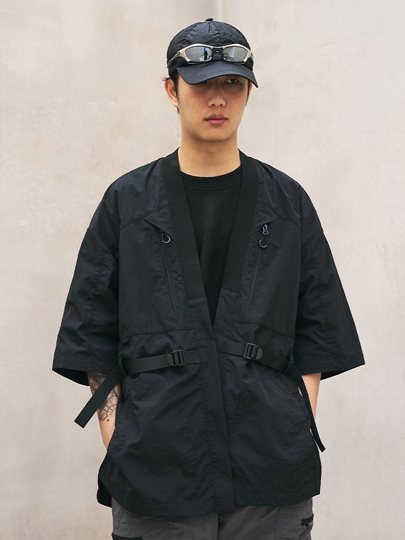 Chinese style lightweight Taoist robe summer thin skin clothing loose casual cardigan jacket - เสื้อโค้ทผู้ชาย - วัสดุอื่นๆ สีดำ