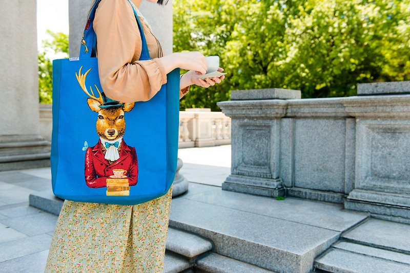 Christmas [Mr. Deer Lunch Time] Large side backpack. Shoulder bag. Bag - Messenger Bags & Sling Bags - Cotton & Hemp Blue
