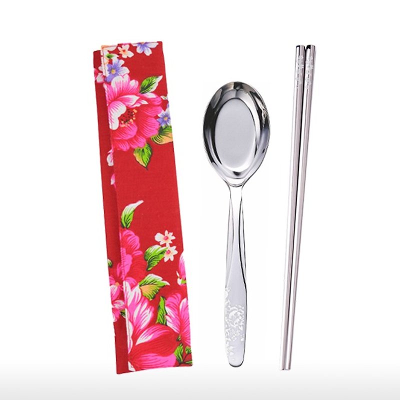 【GIFT IDEAS】LAYANA Hakka Flower Pattern Travel Cutlery Set - Chopsticks - Stainless Steel Red