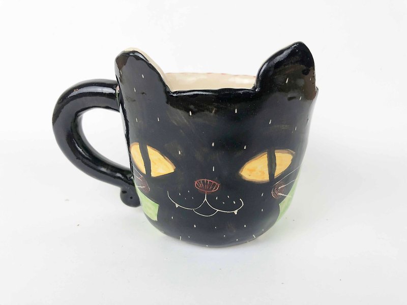 逆さまの花猫0104-08と素敵な小さな粘土手作り耳マグカップ大きな黒い猫 - マグカップ - 陶器 グリーン