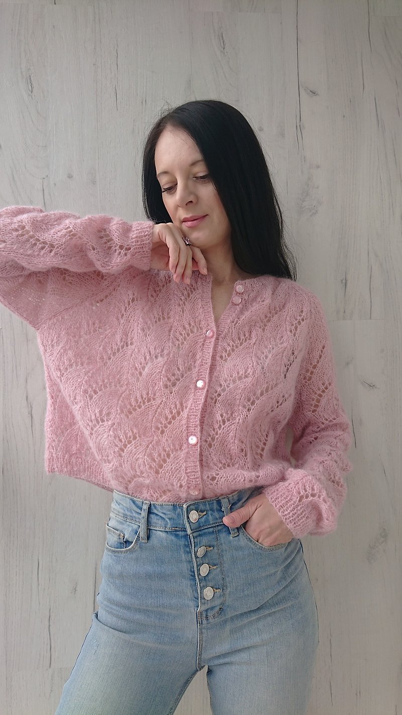 Lace long sleeve blouse Knit sweater jacket for women Mohair cardigan Pink top - สเวตเตอร์ผู้หญิง - ขนแกะ 