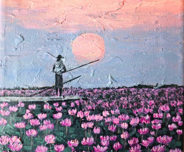蓮の花が咲く川辺の漁師の風景 オリジナルアート RinaArtSK