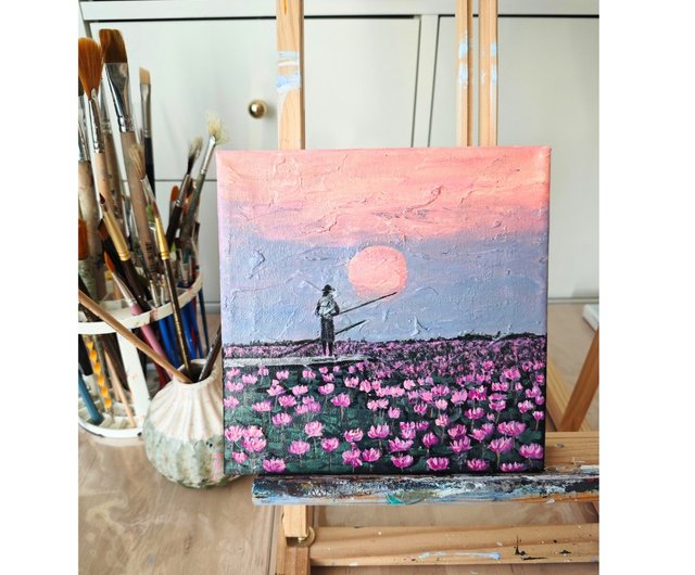 蓮の花が咲く川辺の漁師の風景 オリジナルアート RinaArtSK