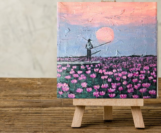 蓮の花が咲く川辺の漁師の風景 オリジナルアート RinaArtSK
