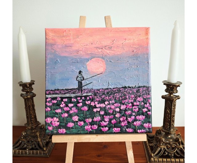 蓮の花が咲く川辺の漁師の風景 オリジナルアート RinaArtSK