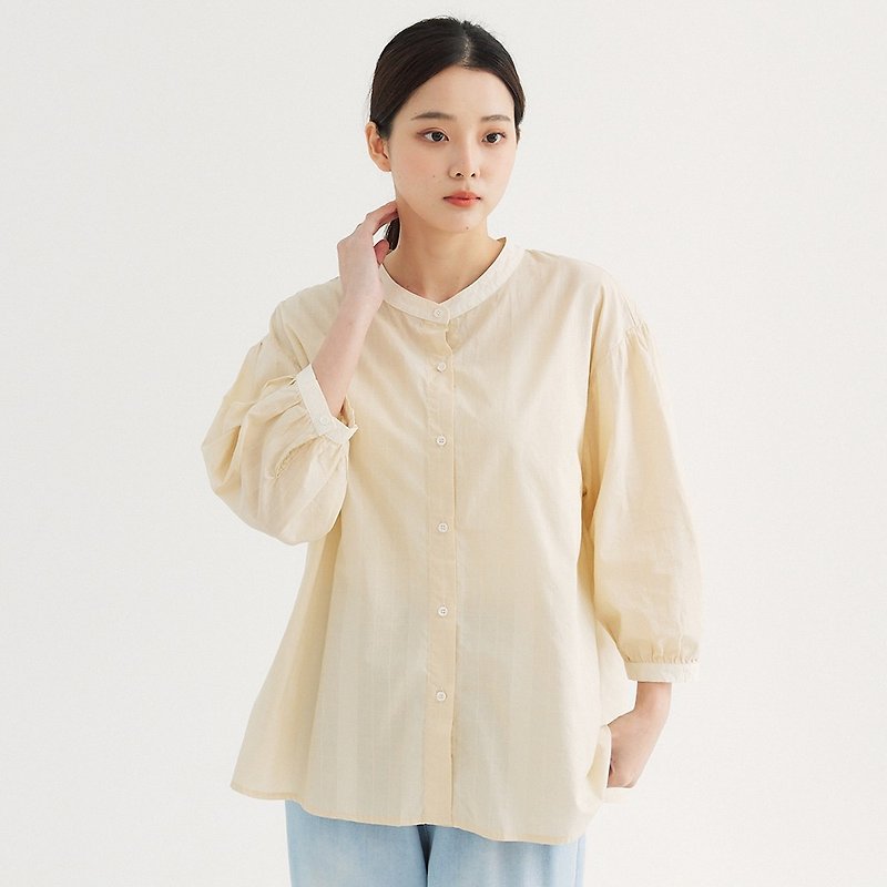 【Simply Yours】Platform Color Block Shirt Rice F - Women's Tops - Cotton & Hemp White