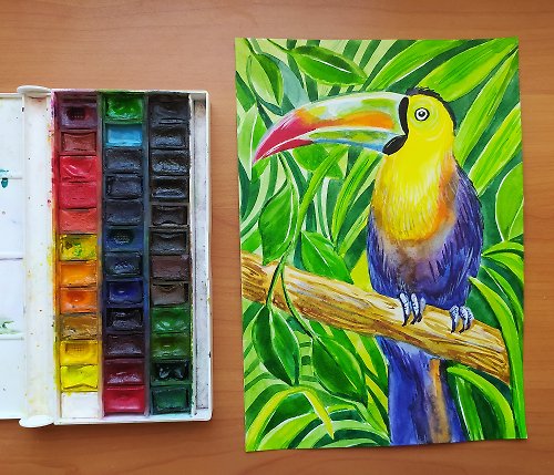 Nadinart 巨嘴鳥在叢林水彩藝術繪畫動物鳥原創藝術藝術品