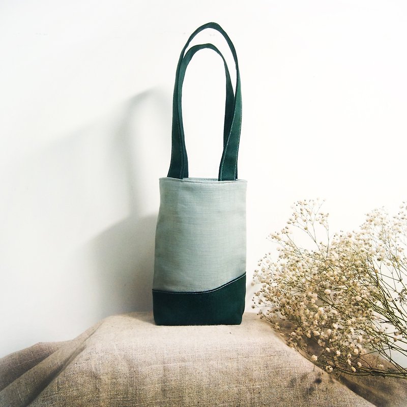 Handmade forest drink beverage bag (small tote) - forest green spot - กระเป๋าถือ - ผ้าฝ้าย/ผ้าลินิน สีเขียว