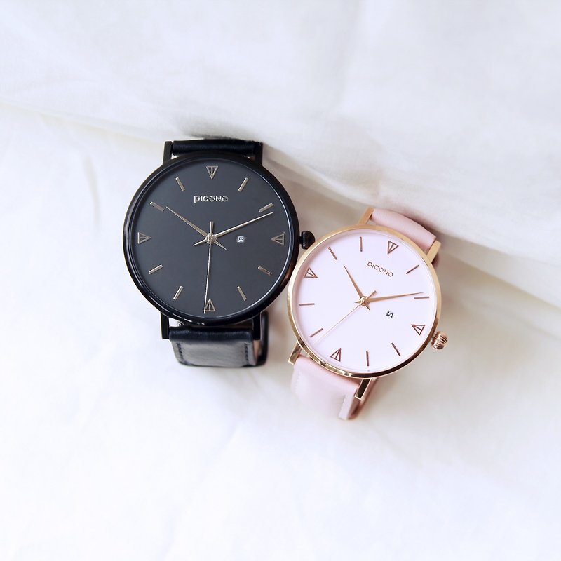 【PICONO】Amour collection black leather strap couple watch - Couples' Watches - Stainless Steel 