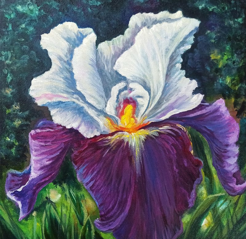 Iris Painting Flower Original Art Iris Oil Painting on Canvas Floral Artwork - 海報/掛畫/掛布 - 其他材質 紫色