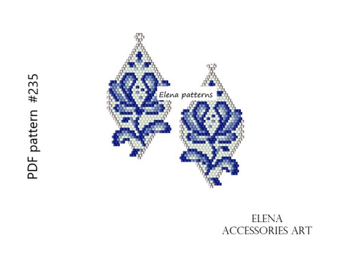 Elena Accessories Art Blue Flower Brick Stitch earring PDF pattern for miyuki 11/0 seed beads #235