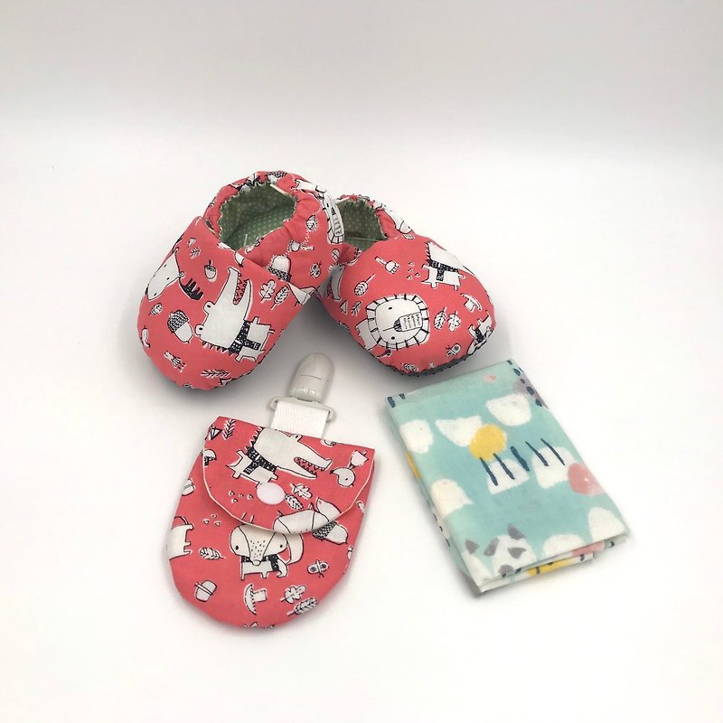 スカーフアニマルパウダー -  Mi Yueギフトボックス（幼児用靴+ Ping Fuバッグ+ハンカチ） - 出産祝い用贈物 - コットン・麻 ピンク