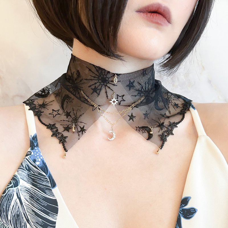 Night Goddess Necklace/Moon and Star Black Lace Choker SV625 - สร้อยติดคอ - วัสดุอื่นๆ สีดำ