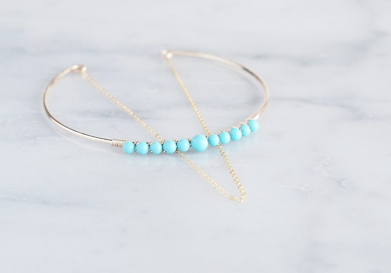 【14KGF】Hammered Open Chain Wire Bangle-Turquoise- - Bracelets - Gemstone Blue