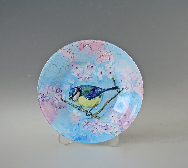 Decorative Plate, Bird and Blossoms, Hand painting and  Decoupage Under Glass - ตกแต่งผนัง - แก้ว สีน้ำเงิน