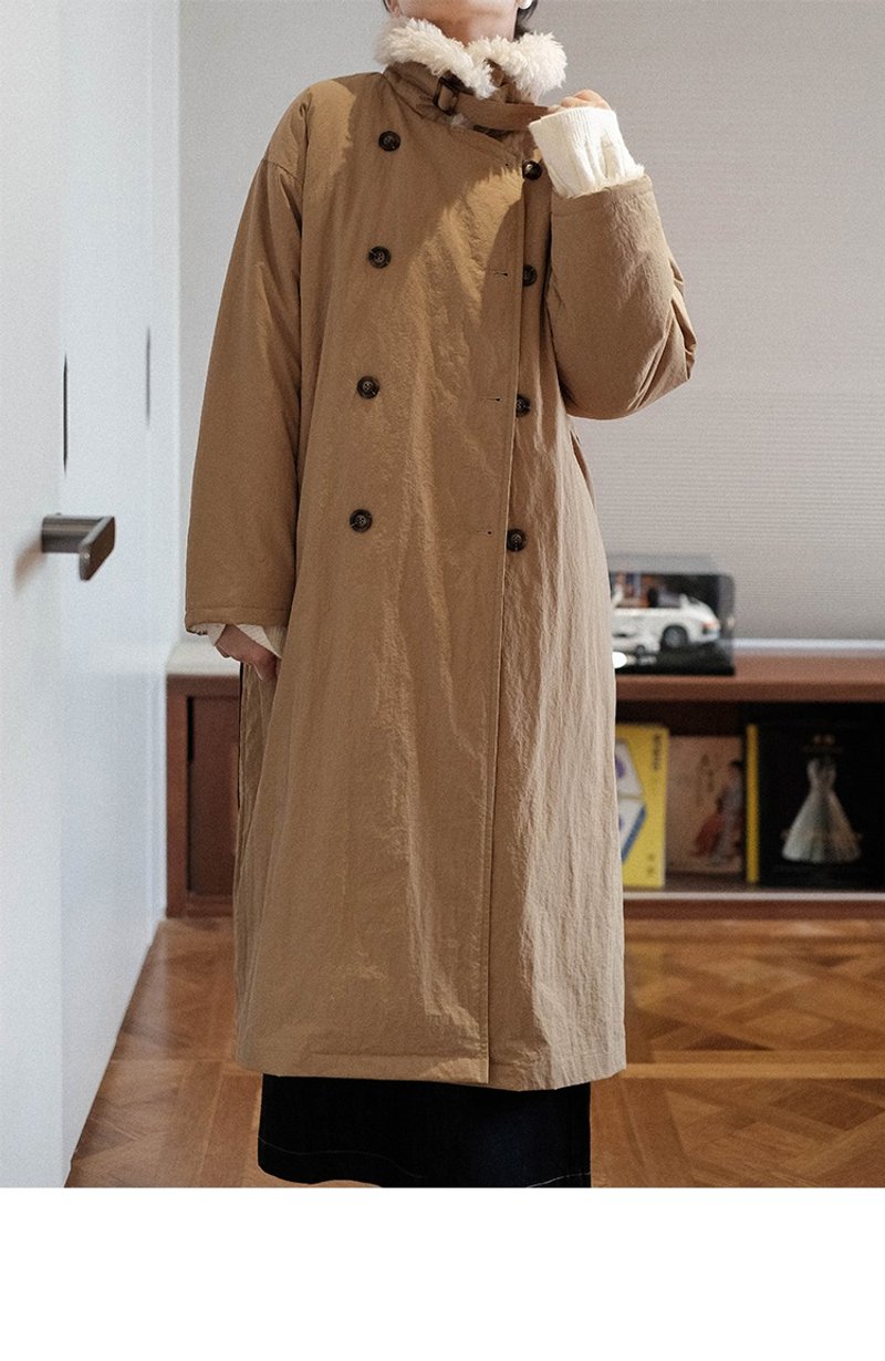 Lambswool collar mid-length cotton coat - เสื้อแจ็คเก็ต - วัสดุอื่นๆ 