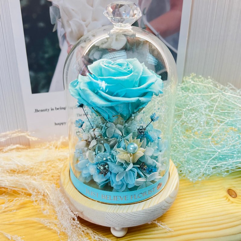 Preserved Tiffany Blue Rose Glass Dome with LED Light - ช่อดอกไม้แห้ง - พืช/ดอกไม้ สีน้ำเงิน