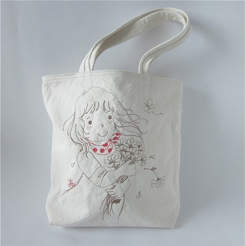 Bouquet girl ~ handmade embroidered handbag, shoulder bag - กระเป๋าแมสเซนเจอร์ - ผ้าฝ้าย/ผ้าลินิน ขาว