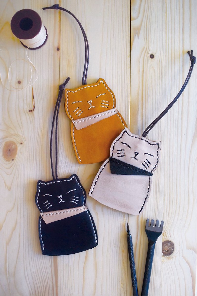 [Miao Ji] Cat and Cat Palm Leather Key Case Key Ring - Keychains - Genuine Leather Khaki