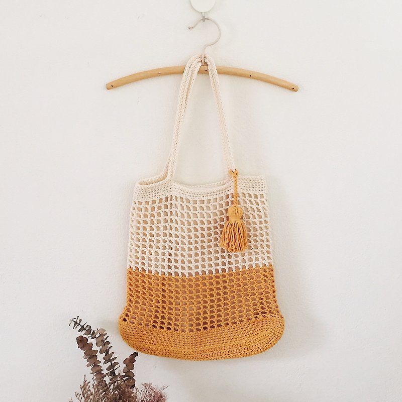 ผ้าฝ้าย/ผ้าลินิน กระเป๋าแมสเซนเจอร์ สีเหลือง - Yellow and White Summer Mesh | Crochet Everyday Bag | Tote Bag