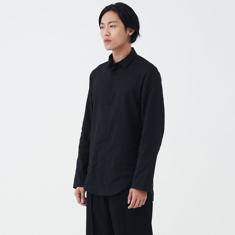 TRAN - 藏釦圓擺襯衫 - 男裝 恤衫 - 聚酯纖維 黑色