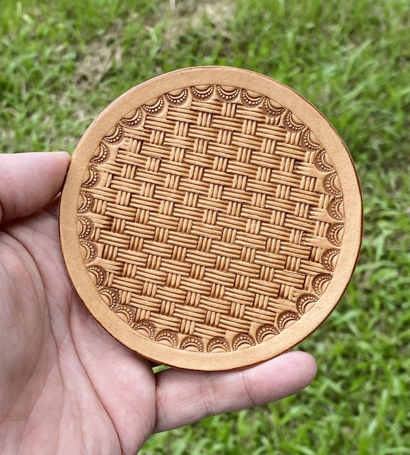 【手工製 】 竹籐編織紋皮革杯墊(10 CM) - 其他 - 真皮 橘色