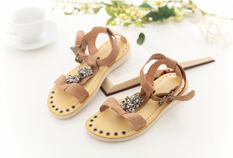 Handmade leather open toe metal shoes flat bottom beach shoes - Sandals - Genuine Leather Yellow