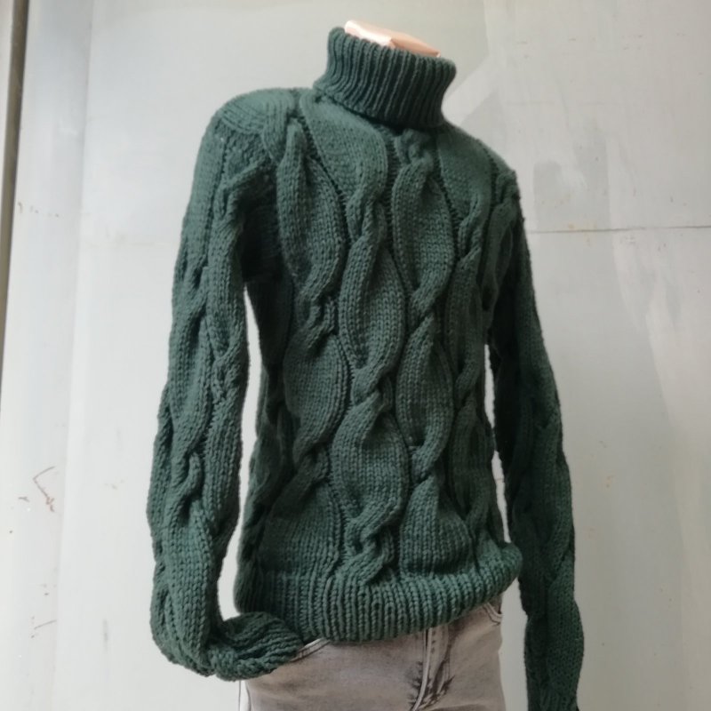 Dark Green Knitted Sweater Turtleneck Wool Handmade Jumper Chunky Fisherman - สเวตเตอร์ผู้ชาย - ขนแกะ สีเขียว