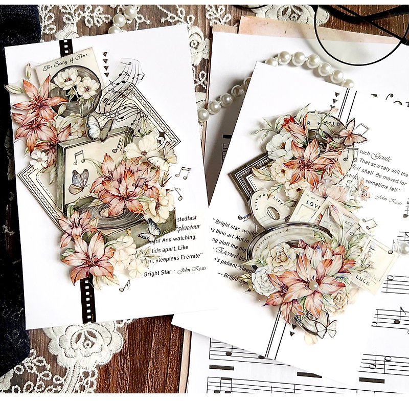 秋月如音 - PET和紙膠帶復古花卉DIY手帳日誌古典畫風裝飾素材 - 紙膠帶 - 紙 多色