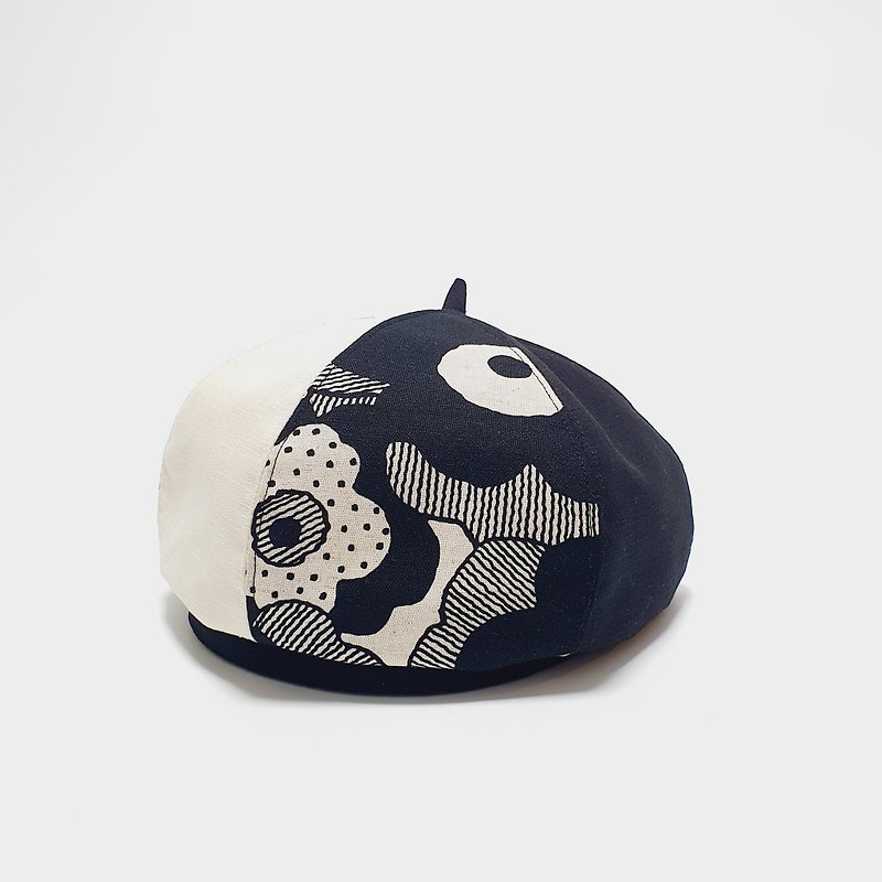 【HiGh MaLi】貝蕾帽/畫家帽/日系個性黑花/米白+黑色#禮物#時尚 - 帽子 - 棉．麻 黑色