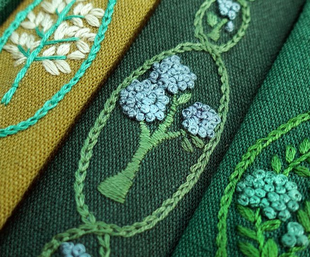 森の中の夏の夢、濃い緑色、古典的な刺繡のヘッドバンド、完全に手刺繍