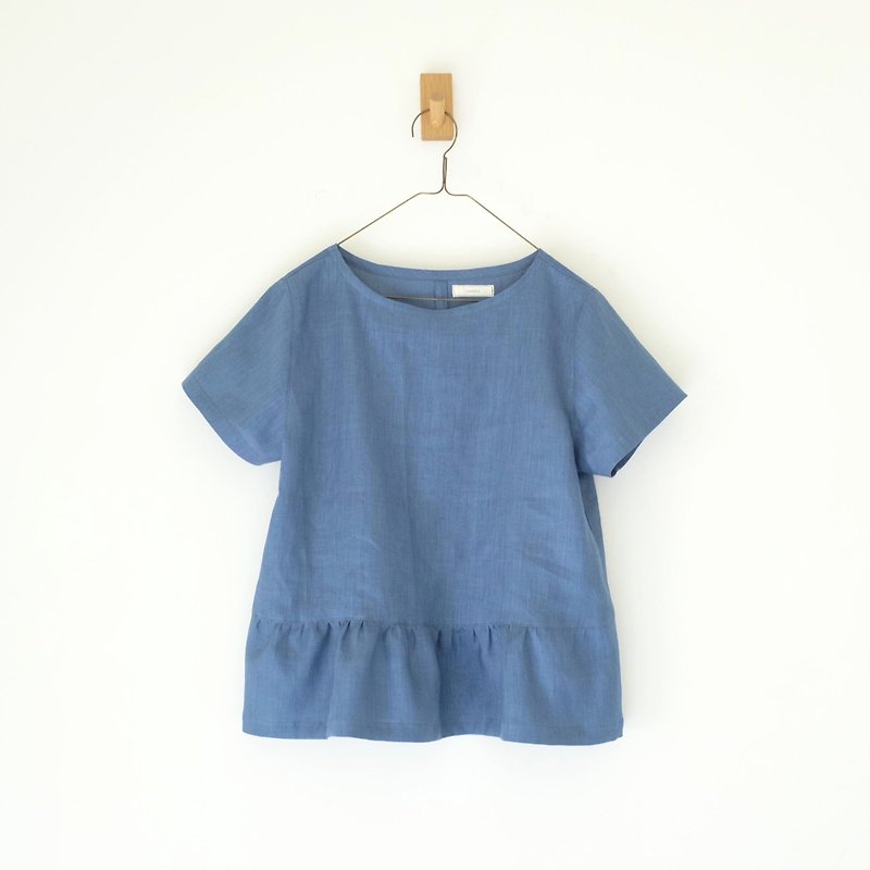 Daily hand-made service sweet day retro smoked blue short sleeve smock linen - Women's Tops - Cotton & Hemp Blue