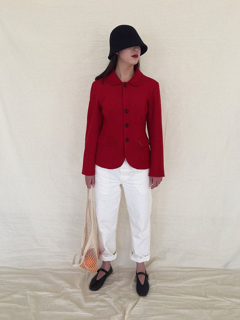 Custom-made high-grade Boiled Wool wool fabric soft and flexible Peter Pan collar waist coat crimson - เสื้อสูท/เสื้อคลุมยาว - ขนแกะ สีแดง